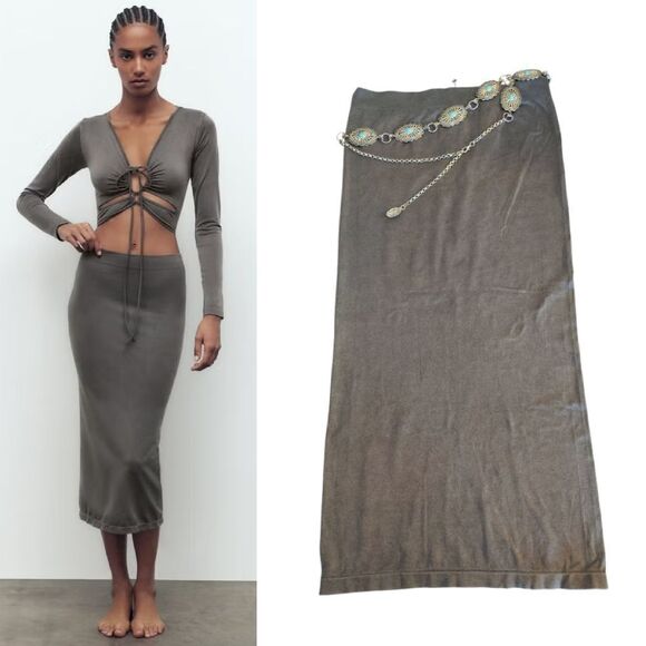 ZARA Dark Grey Seamless Fitted Tube Midi Skirt NWOT Size M/ L - Picture 3 of 12